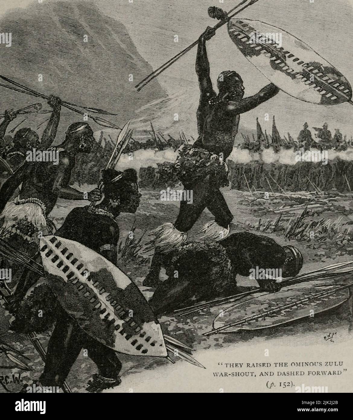 Une gravure montrant des guerriers zoulou levant leurs boucliers avant d'attaquer l'armée britannique Banque D'Images