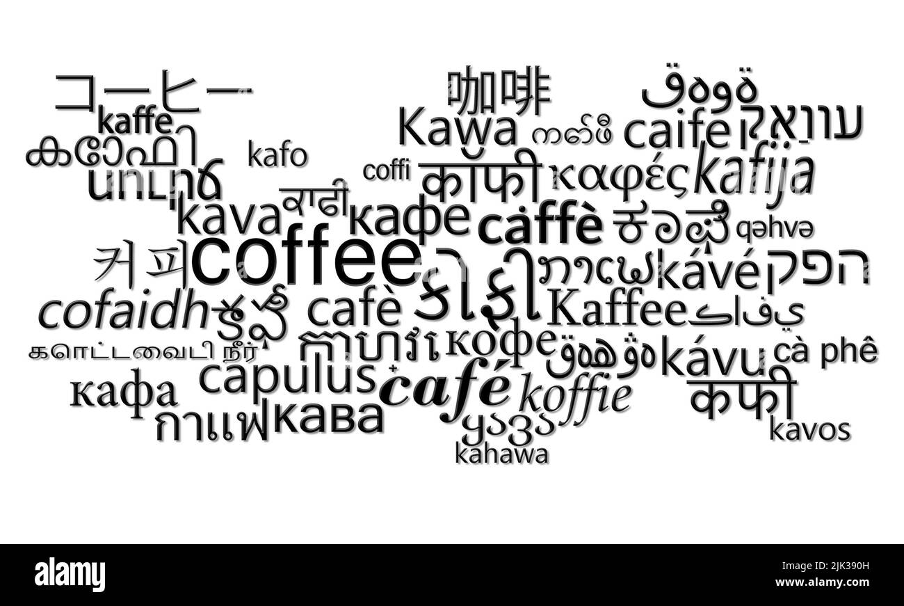 « Café » traduit dans différentes langues et différents scripts étrangers Banque D'Images
