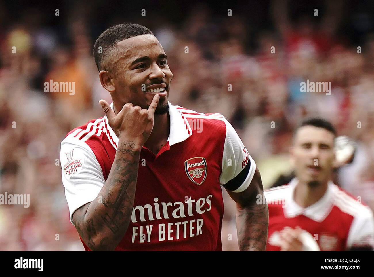 Gabriel Jesus d'Arsenal célèbre le deuxième but de son équipe lors de la finale de la coupe Emirates au stade Emirates, Londres. Date de la photo: Samedi 30 juillet 2022. Banque D'Images