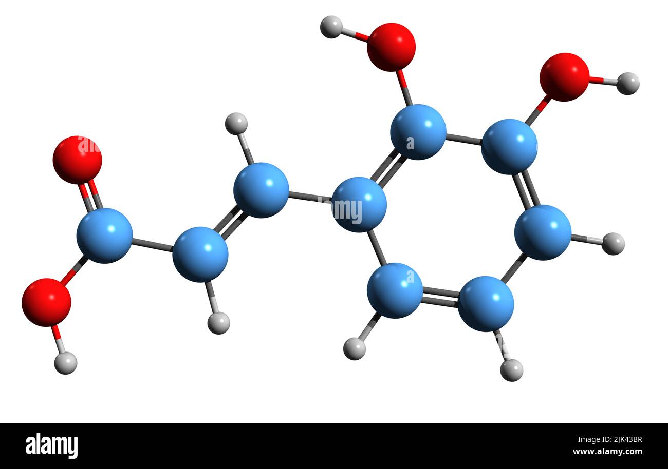 3D image de formule squelettique d'acide dihydroxycinnamique - structure chimique moléculaire du composé organique isolé sur fond blanc Banque D'Images