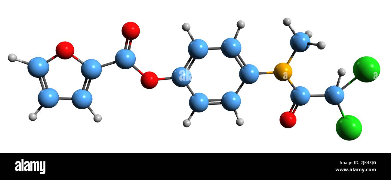 3D image de la formule squelettique du Diloxanide - structure chimique moléculaire du médicament Amoebiasis isolé sur fond blanc Banque D'Images