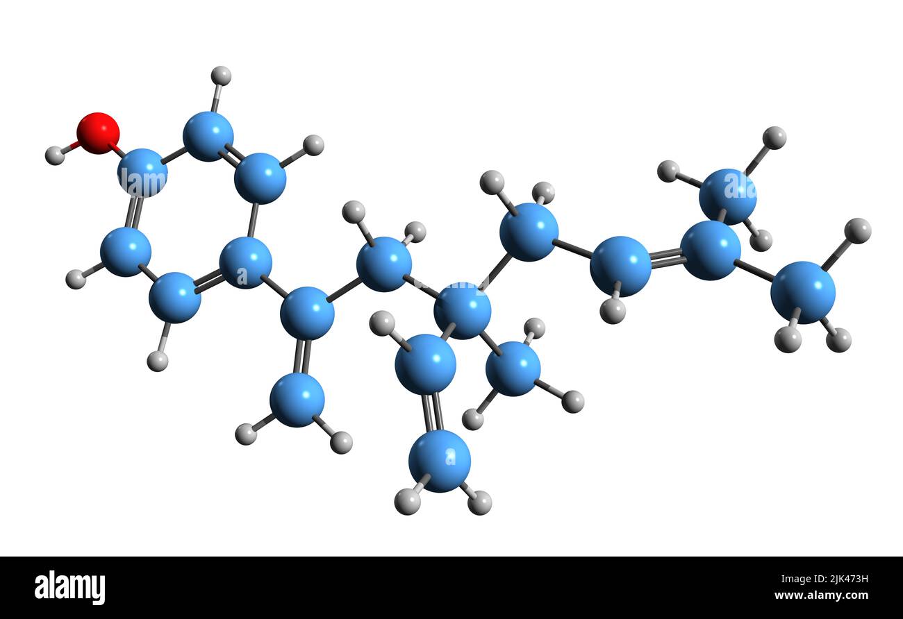 3D image de la formule squelettique Drucanol - structure chimique moléculaire du phénol naturellement présent isolé sur fond blanc Banque D'Images