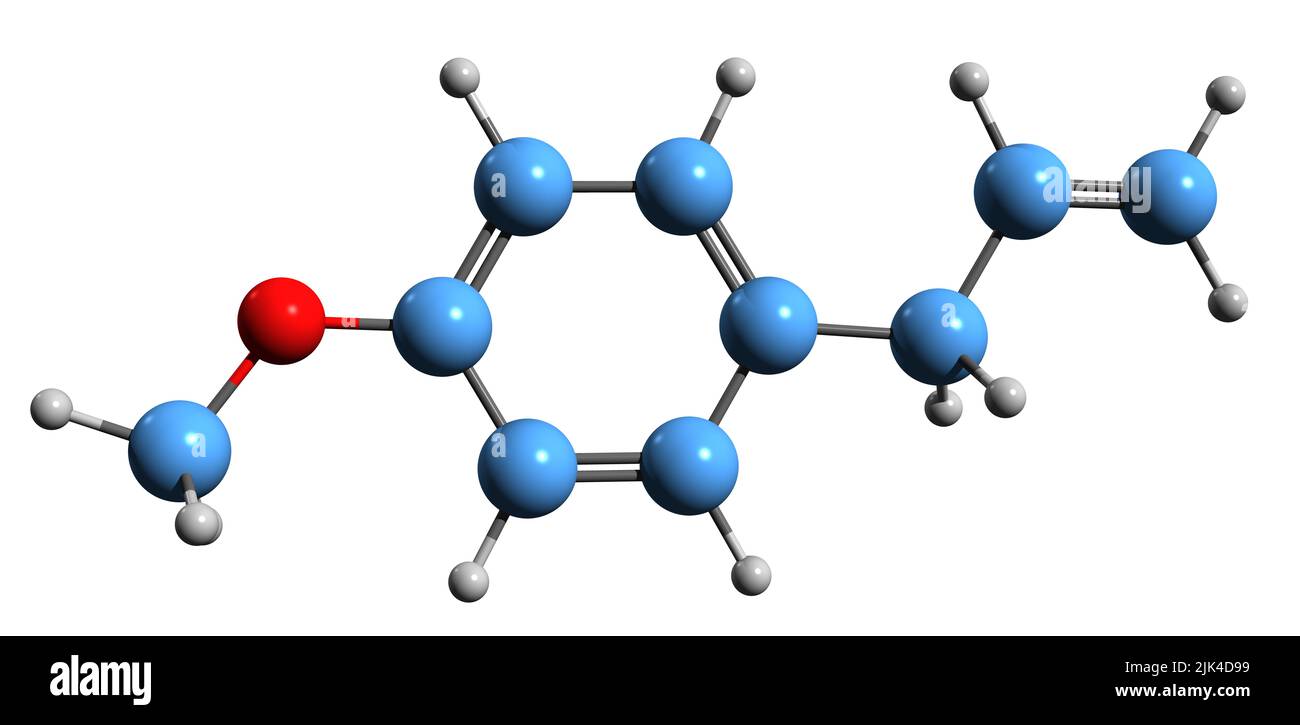 3D image de la formule squelettique de l'estrazole - structure chimique moléculaire du phénylpropène isolé sur fond blanc Banque D'Images