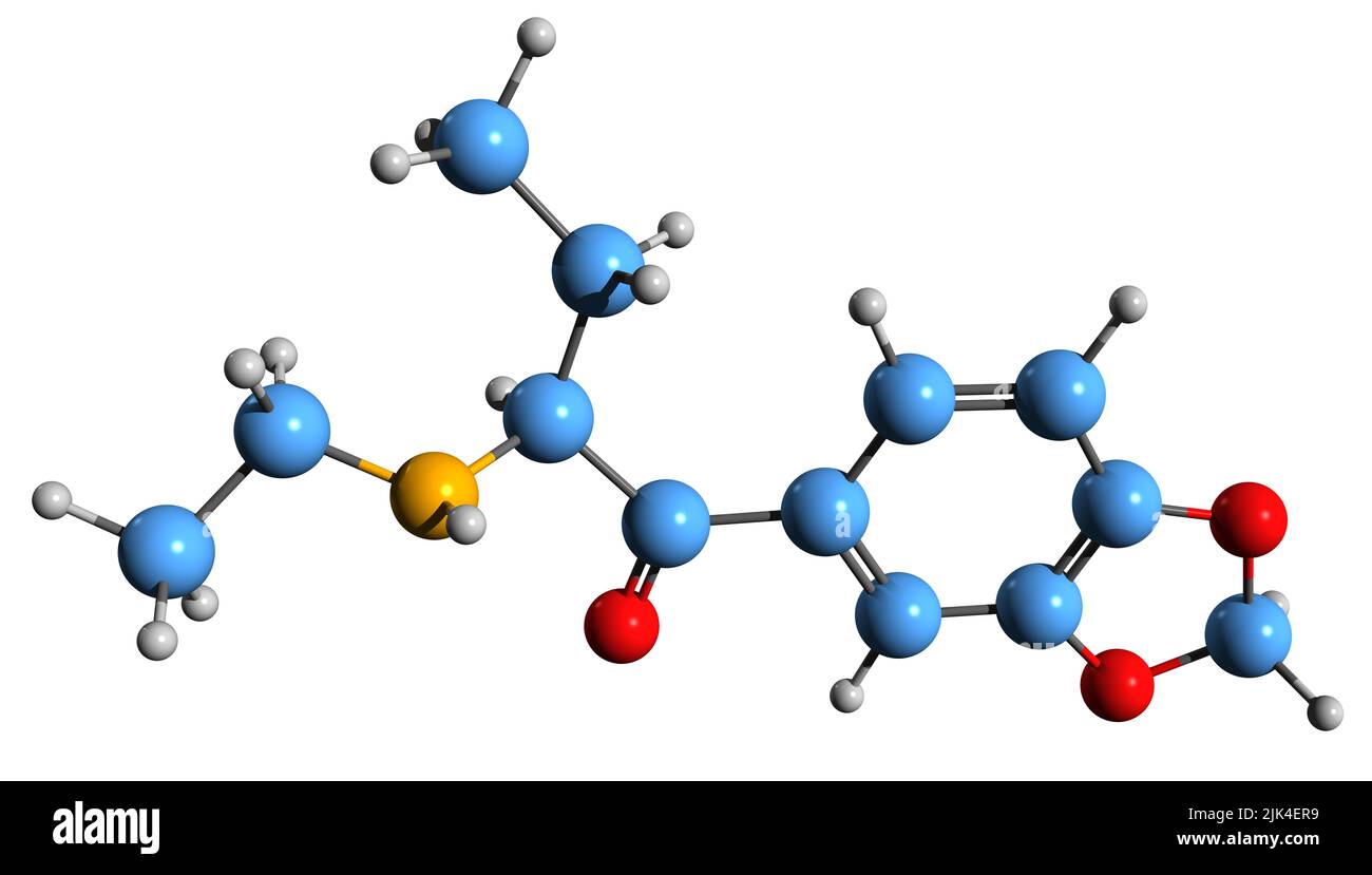 3D image de la formule squelettique Eutylone - structure chimique moléculaire du stimulant et de l'agent pathogène isolé sur fond blanc Banque D'Images