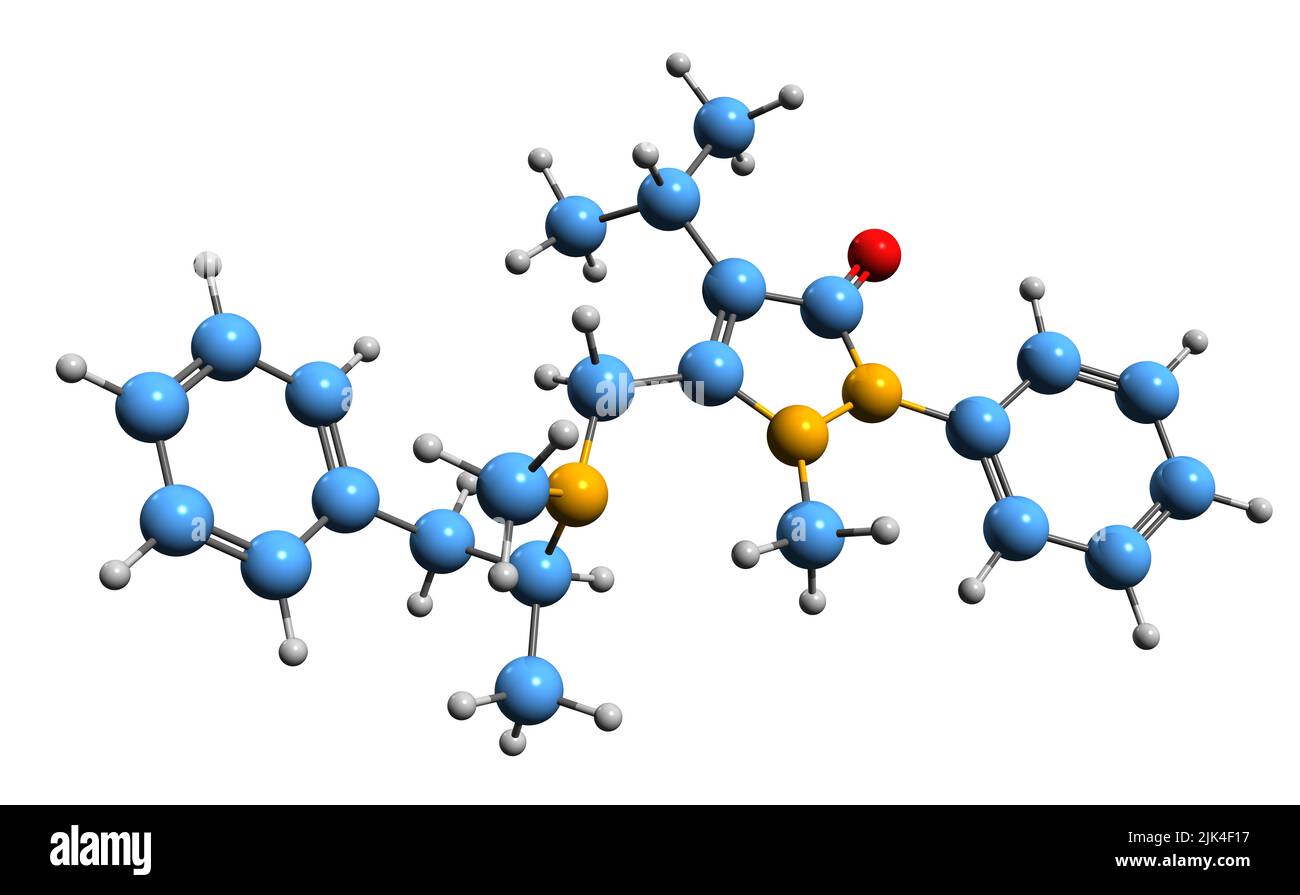 3D image de la formule squelettique de la famprofazone - structure chimique moléculaire de l'agent anti-inflammatoire non stéroïdien isolé sur fond blanc Banque D'Images