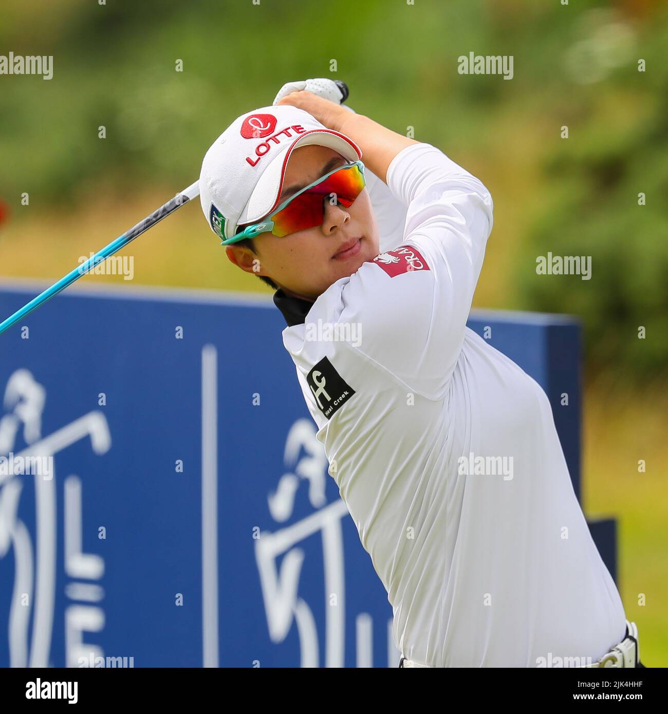 Irvine, Royaume-Uni. 30th juillet 2022. La troisième partie du Golf Trust Women's Scottish Golf a eu lieu avec 75 joueurs qui ont fait la coupe. De fortes pluies de nuit du vendredi au samedi ont permis d'obtenir un cours plus doux et plus d'essais. Hyo Jin Kim se présente au 9th. Crédit : Findlay/Alay Live News Banque D'Images