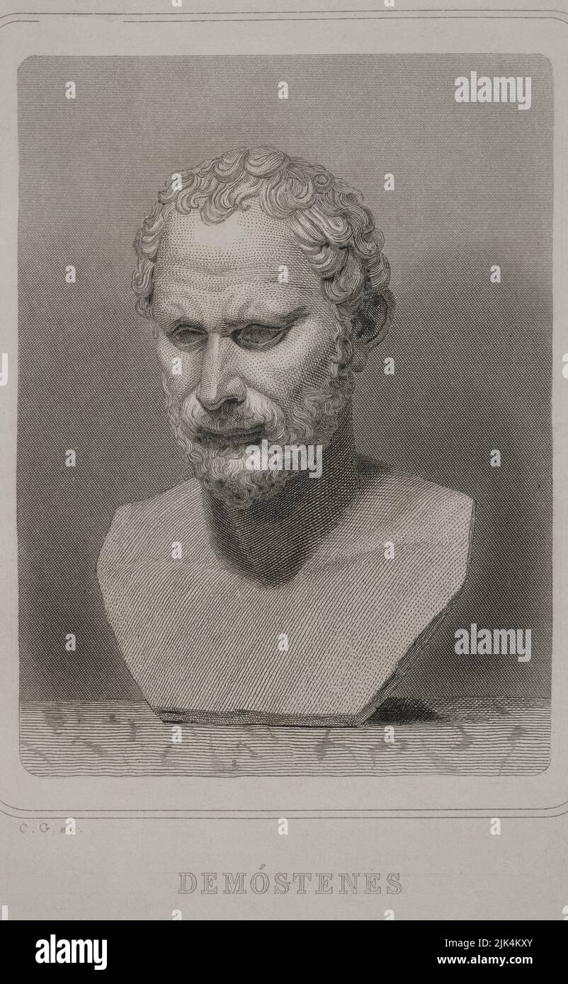 Demosthenes (384 BC - 322 BC). Orateur grec et homme d'État. Portrait. Gravure. 'Historia Universal', par César Cantú. Volume I, 1854. Banque D'Images