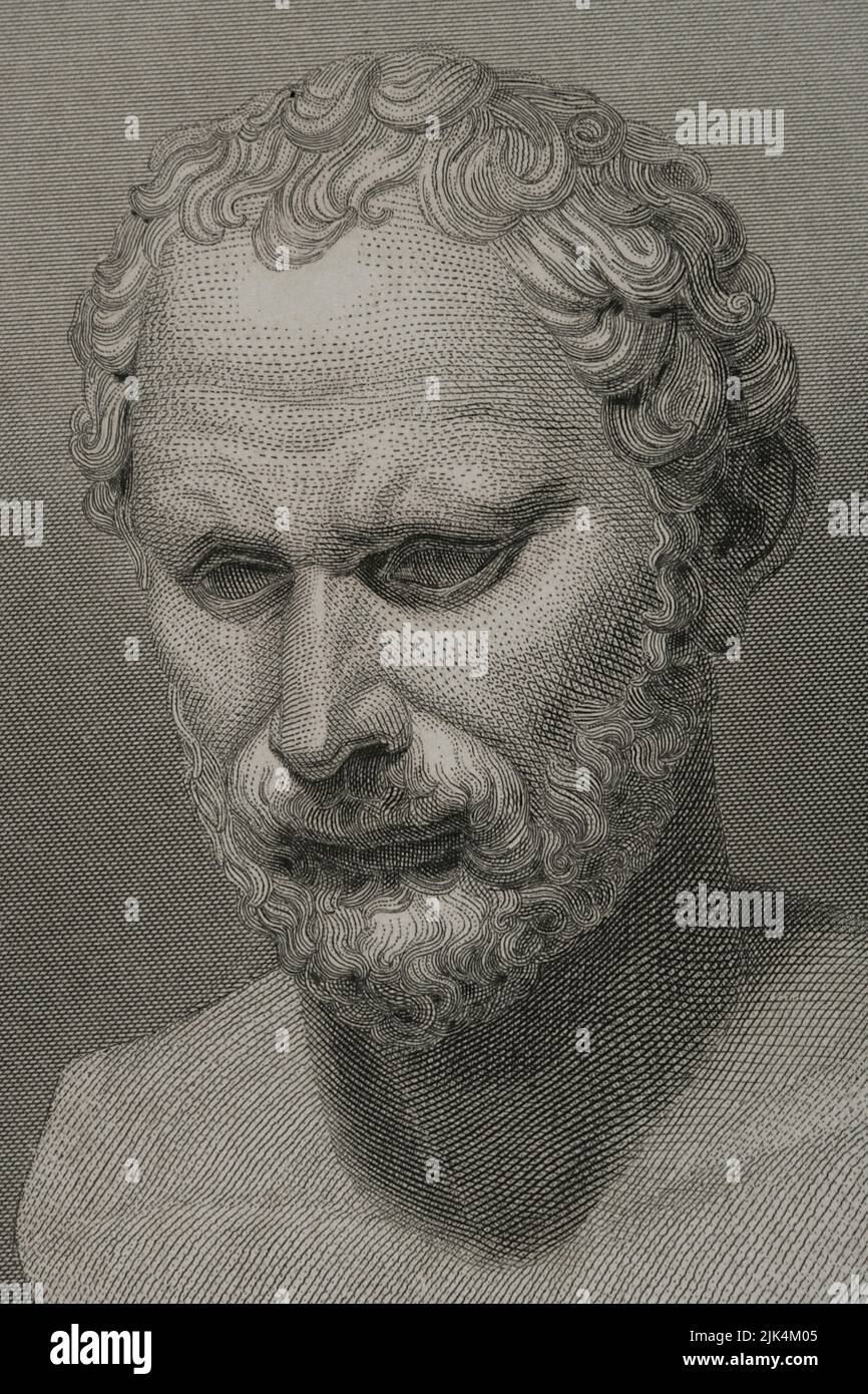 Demosthenes (384 BC - 322 BC). Orateur grec et homme d'État. Portrait. Gravure. Détails. 'Historia Universal', par César Cantú. Volume I, 1854. Banque D'Images