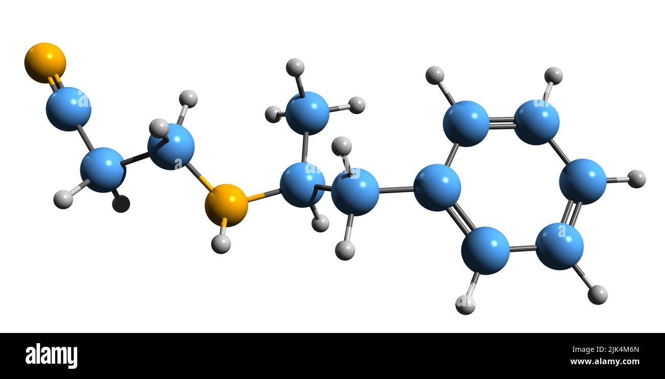 3D image de la formule squelettique de Fenproporex - structure chimique moléculaire du médicament stimulant isolé sur fond blanc Banque D'Images