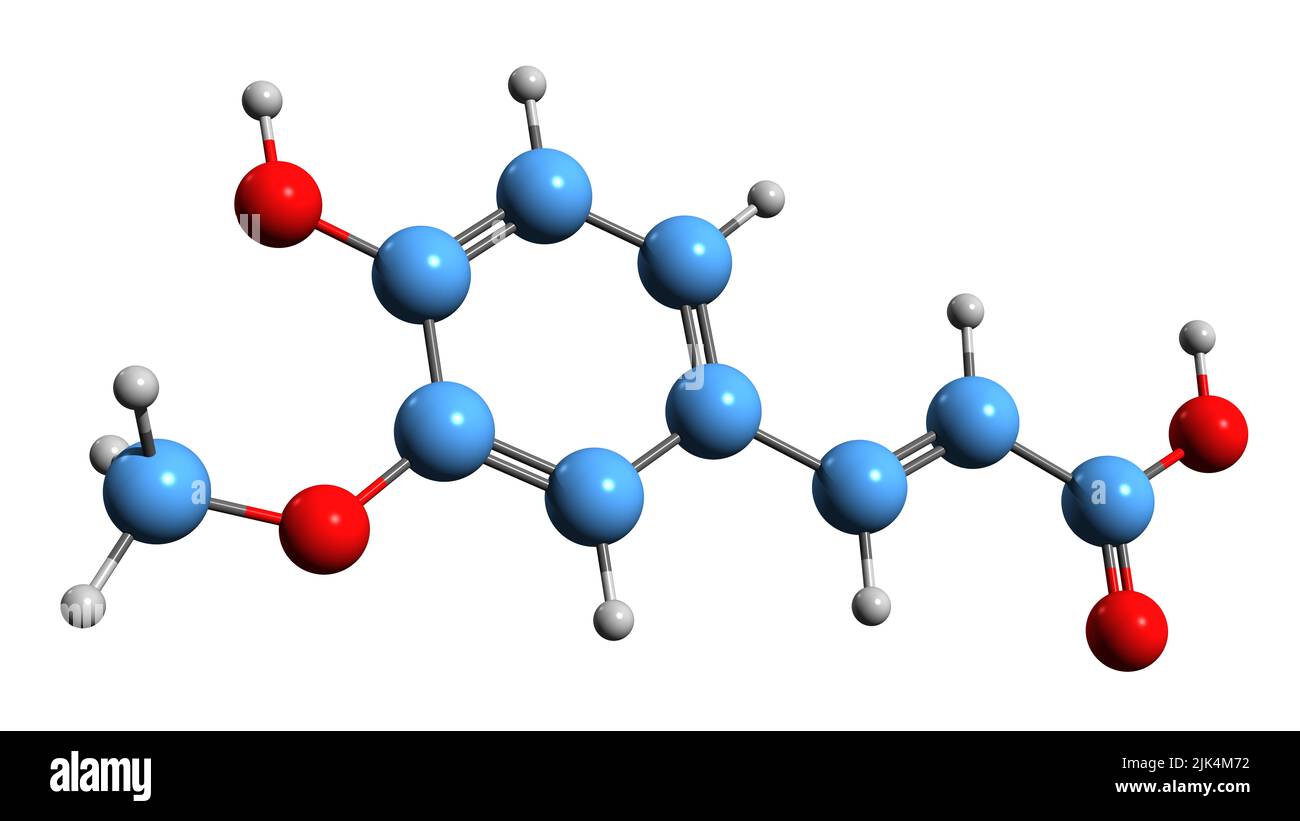3D image de la formule squelettique de l'acide ferulique - structure chimique moléculaire de l'acide hydroxycinnamique isolé sur fond blanc Banque D'Images