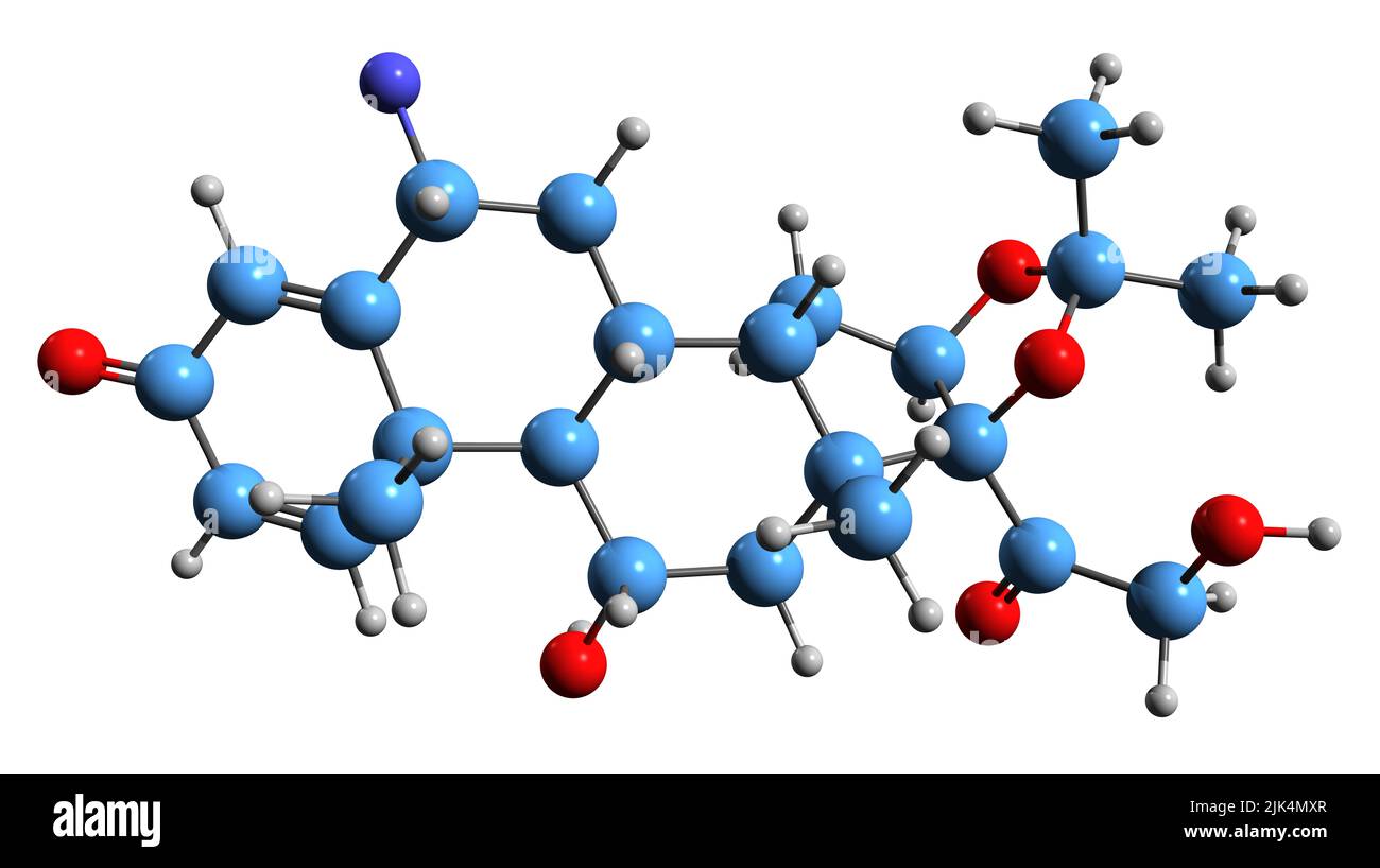 3D image de la formule squelettique de flunisolide - structure chimique moléculaire du corticostéroïde isolé sur fond blanc Banque D'Images