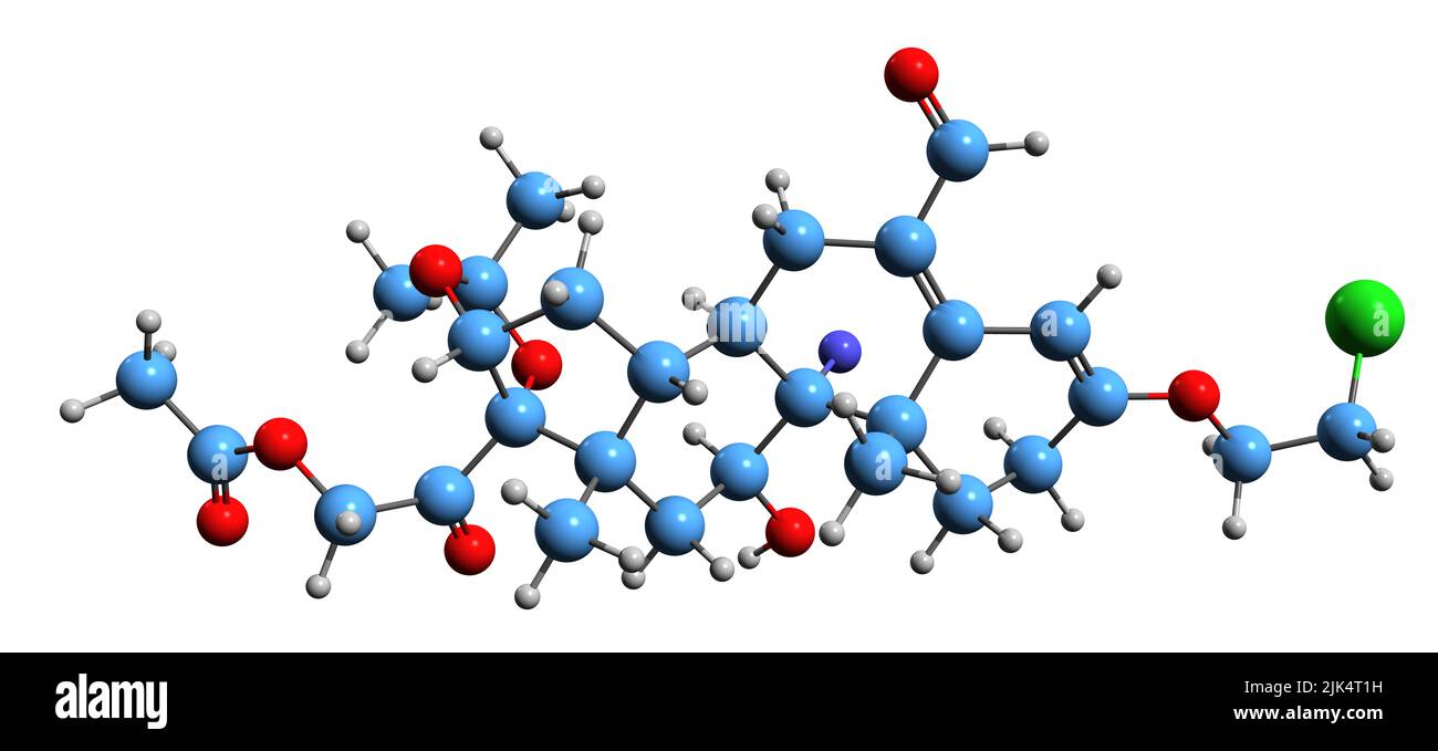 3D image de la formule squelettique du Formocortal - structure chimique moléculaire de la fluoroformylone isolée sur fond blanc Banque D'Images