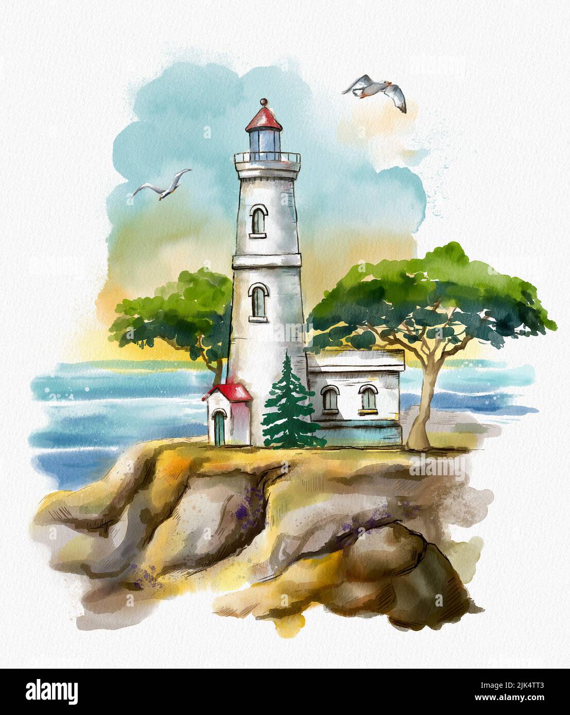 Phare sur une falaise rocheuse avec des pins maritimes. Aquarelle numérique. Banque D'Images