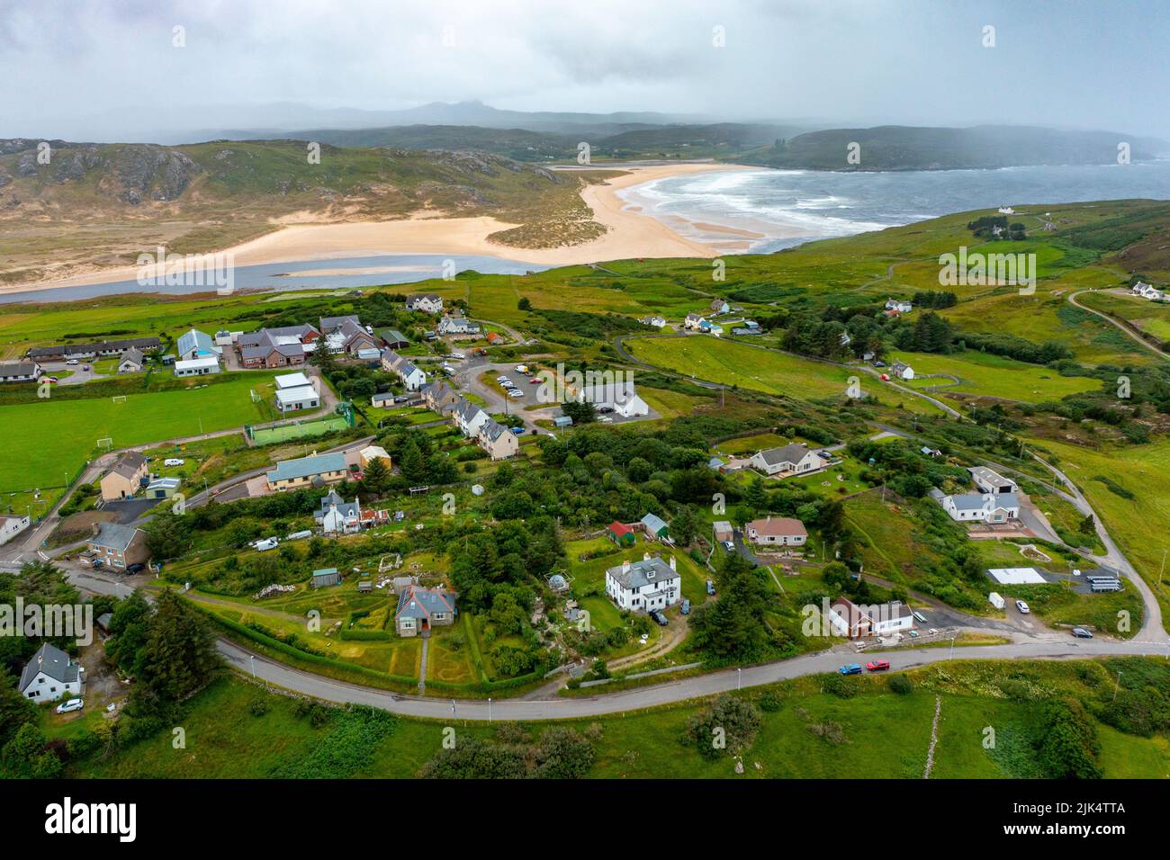 Vue aérienne de Bettyhill vers Torrisdale Bay sur la côte nord 500 en Écosse, Royaume-Uni Banque D'Images