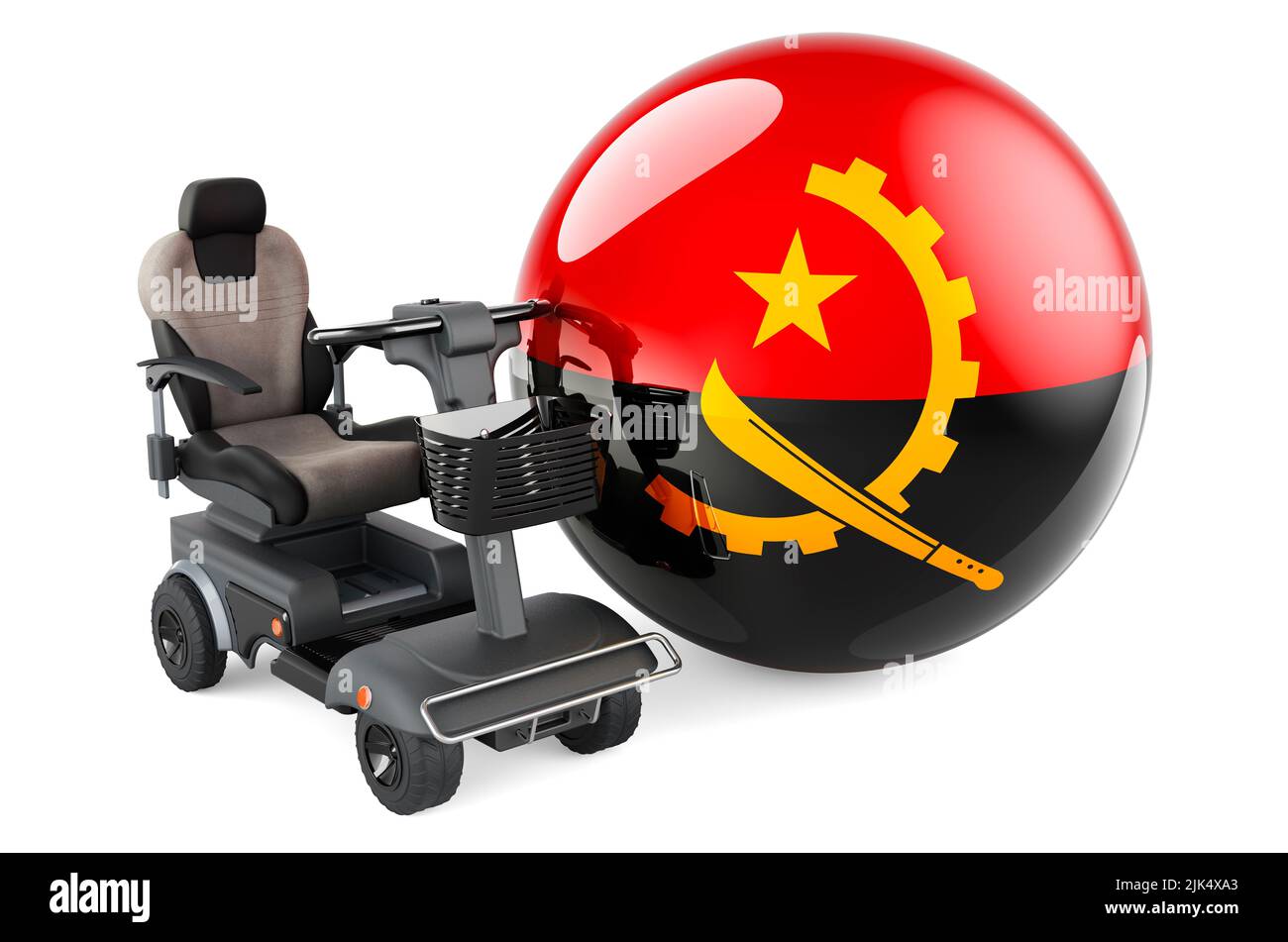 Drapeau angolais avec chaise électrique intérieure ou fauteuil roulant électrique, 3D rendu isolé sur fond blanc Banque D'Images