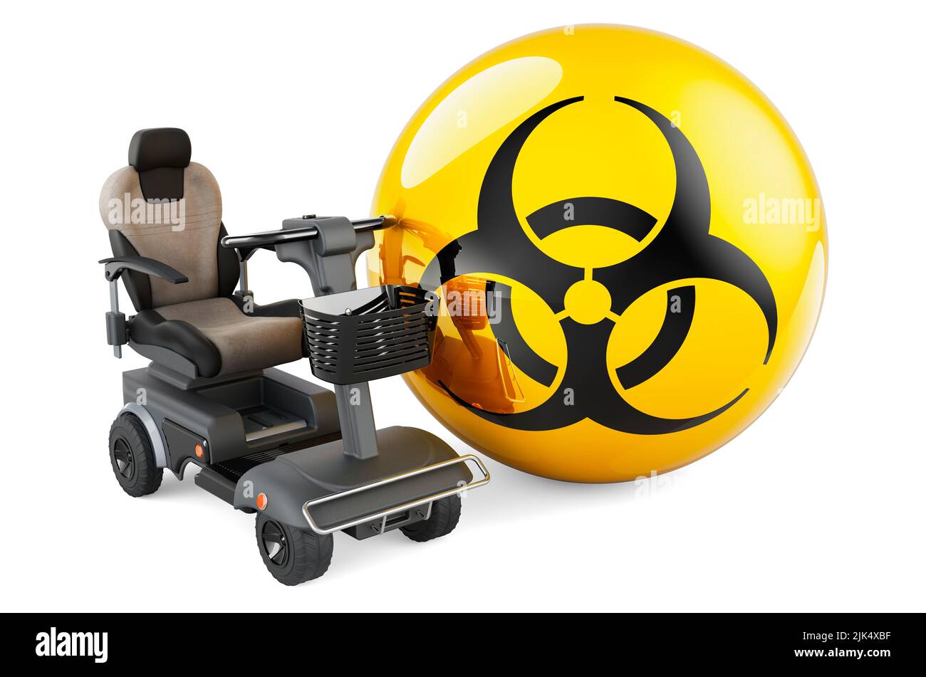 Panneau de danger biologique avec chaise électrique intérieure ou fauteuil roulant électrique, 3D rendu isolé sur fond blanc Banque D'Images