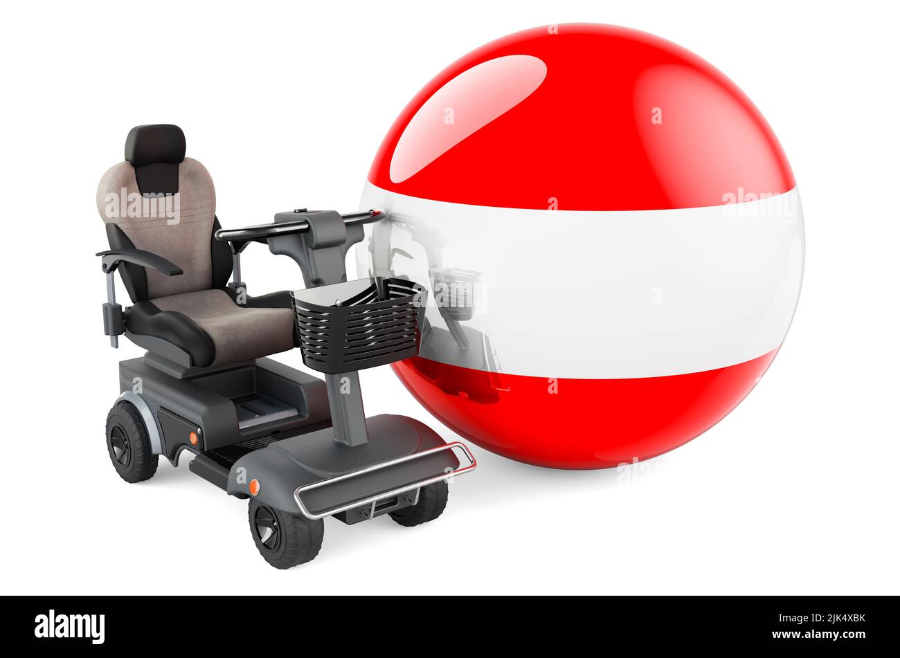 Drapeau autrichien avec chaise électrique intérieure ou fauteuil roulant électrique, 3D rendu isolé sur fond blanc Banque D'Images
