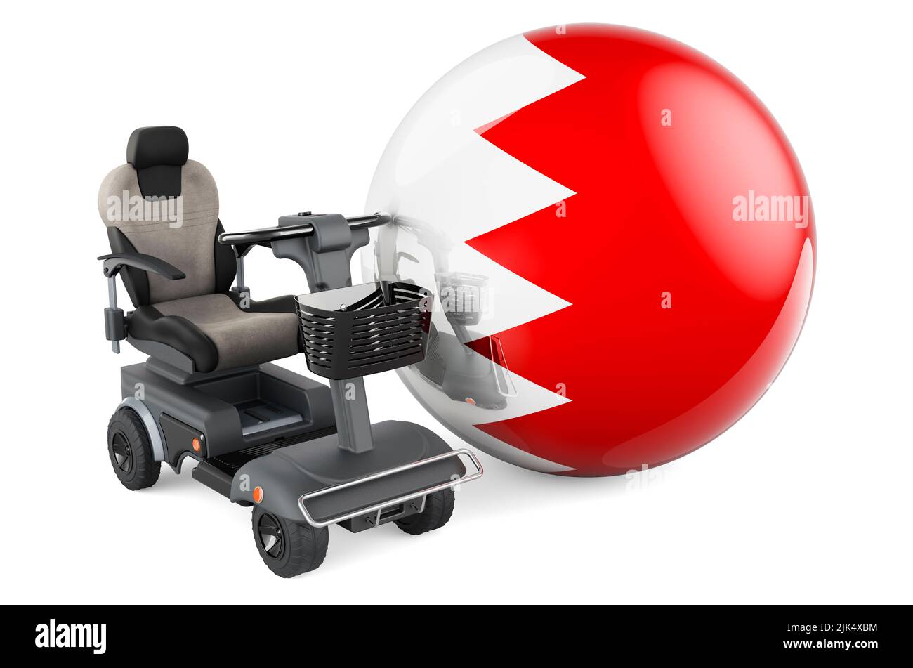 Drapeau bahreïni avec chaise électrique intérieure ou fauteuil roulant électrique, 3D rendu isolé sur fond blanc Banque D'Images