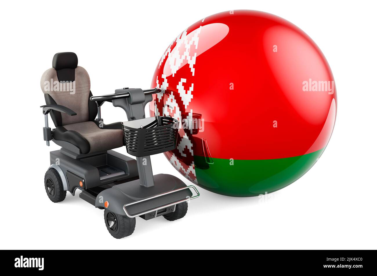Drapeau biélorusse avec chaise électrique intérieure ou fauteuil roulant électrique, 3D rendu isolé sur fond blanc Banque D'Images