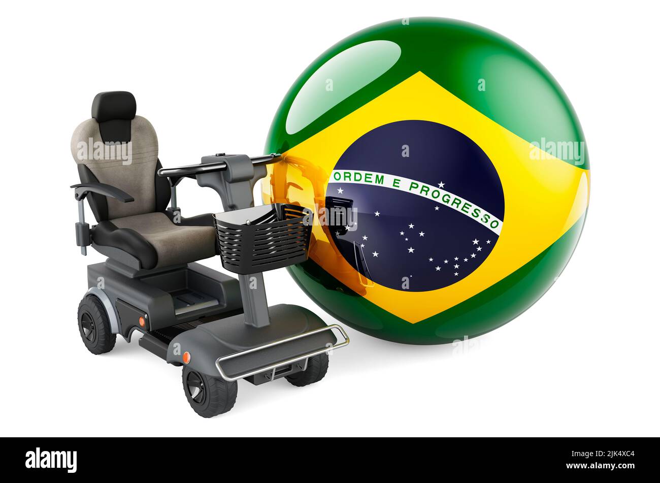 Drapeau brésilien avec chaise électrique intérieure ou fauteuil roulant électrique, 3D rendu isolé sur fond blanc Banque D'Images