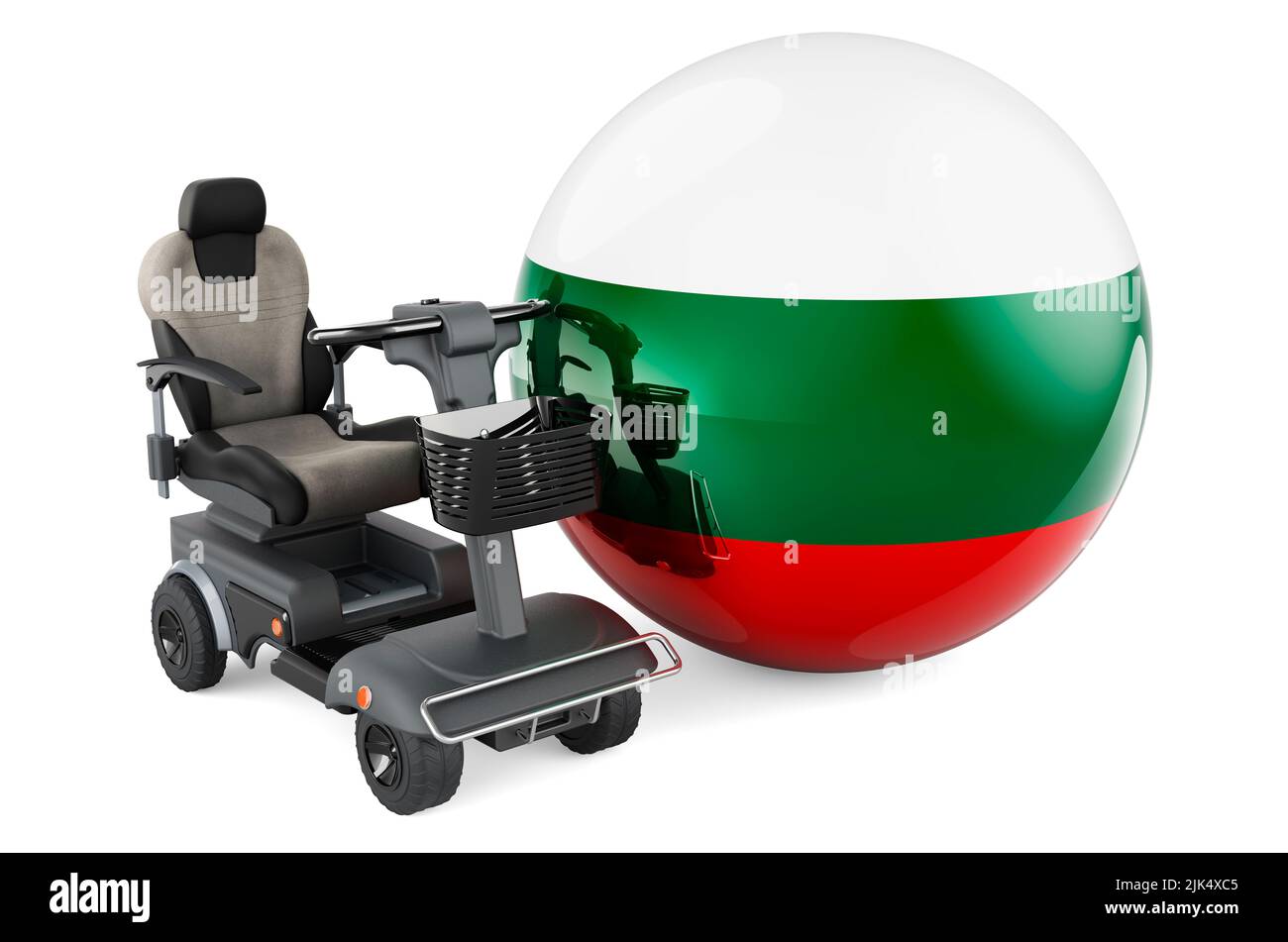 Drapeau bulgare avec chaise électrique intérieure ou fauteuil roulant électrique, 3D rendu isolé sur fond blanc Banque D'Images