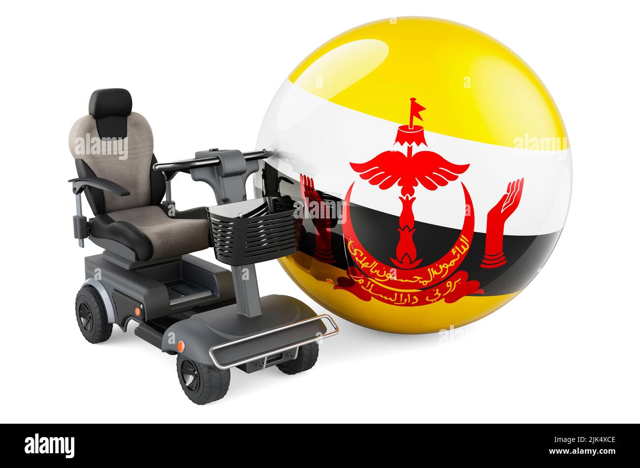 Drapeau brunéien avec chaise électrique intérieure ou fauteuil roulant électrique, 3D rendu isolé sur fond blanc Banque D'Images