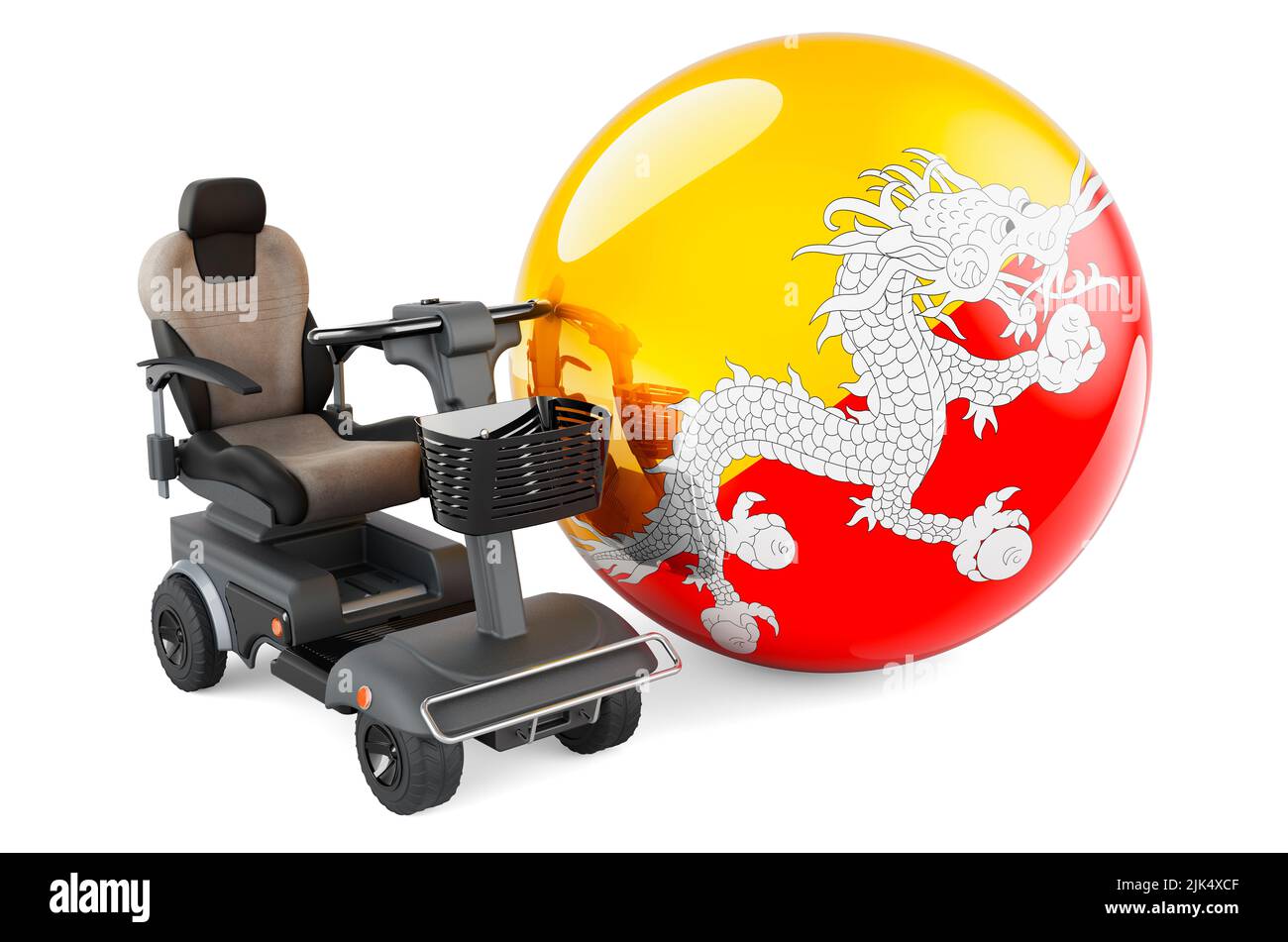 Drapeau bhoutanais avec chaise électrique intérieure ou fauteuil roulant électrique, 3D rendu isolé sur fond blanc Banque D'Images