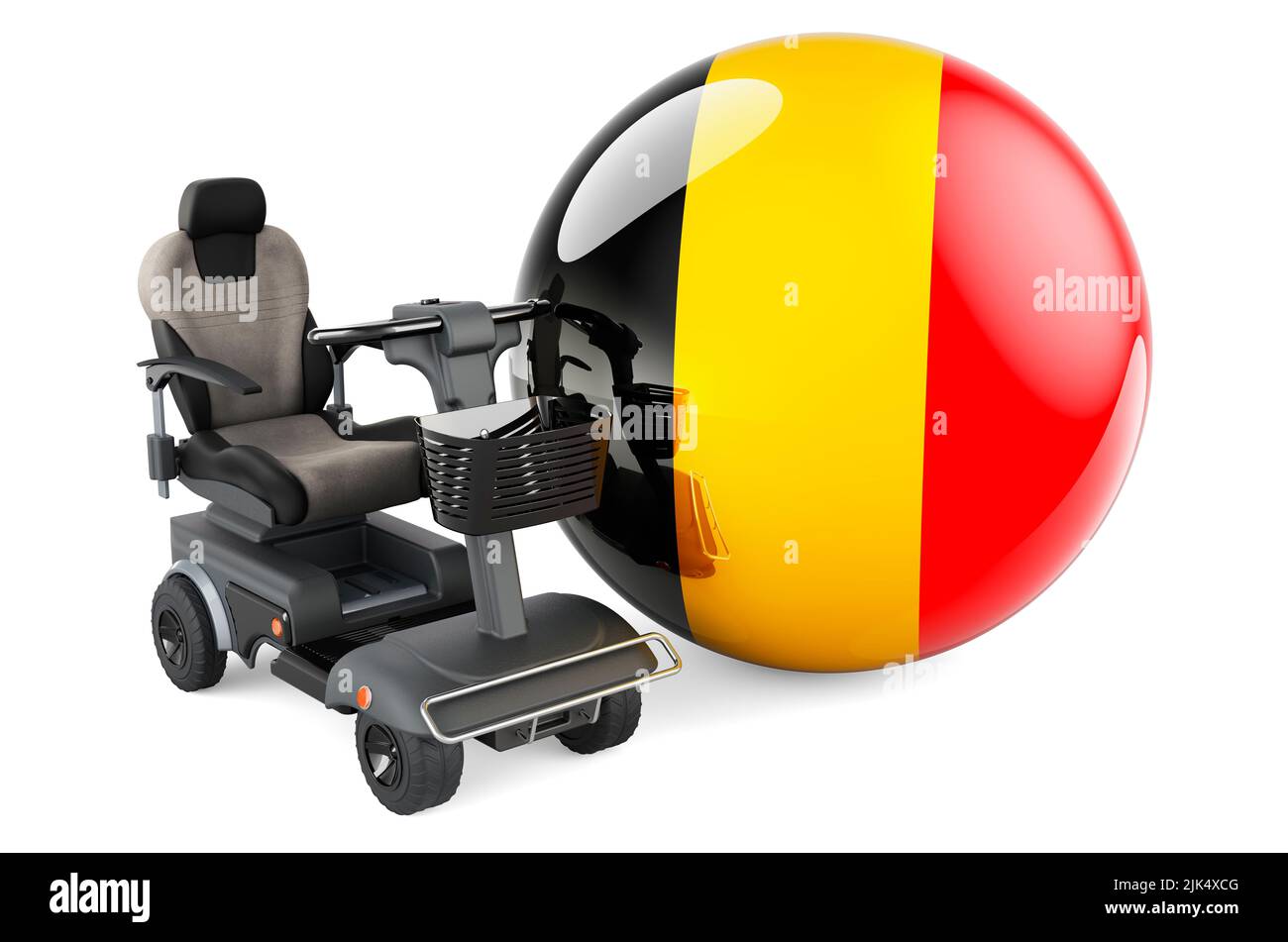 Drapeau belge avec chaise électrique intérieure ou fauteuil roulant électrique, 3D rendu isolé sur fond blanc Banque D'Images