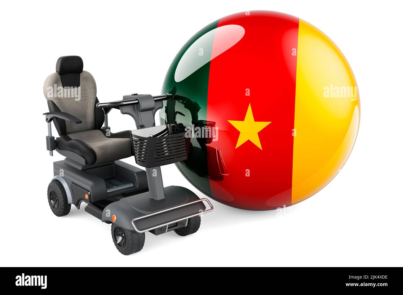 Drapeau camerounais avec chaise électrique intérieure ou fauteuil roulant électrique, 3D rendu isolé sur fond blanc Banque D'Images