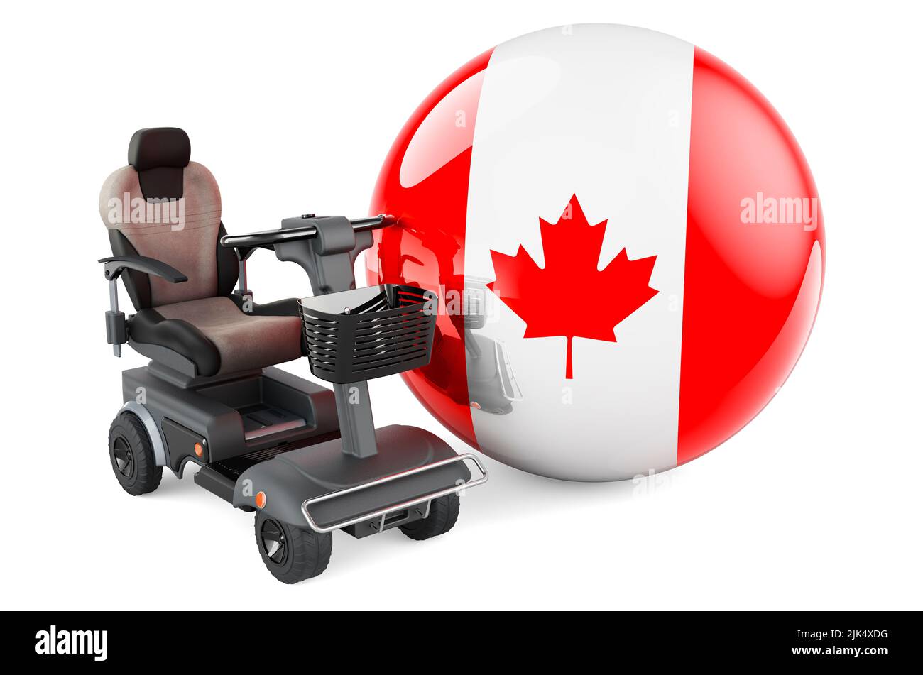 Drapeau canadien avec chaise électrique intérieure ou fauteuil roulant électrique, 3D rendu isolé sur fond blanc Banque D'Images