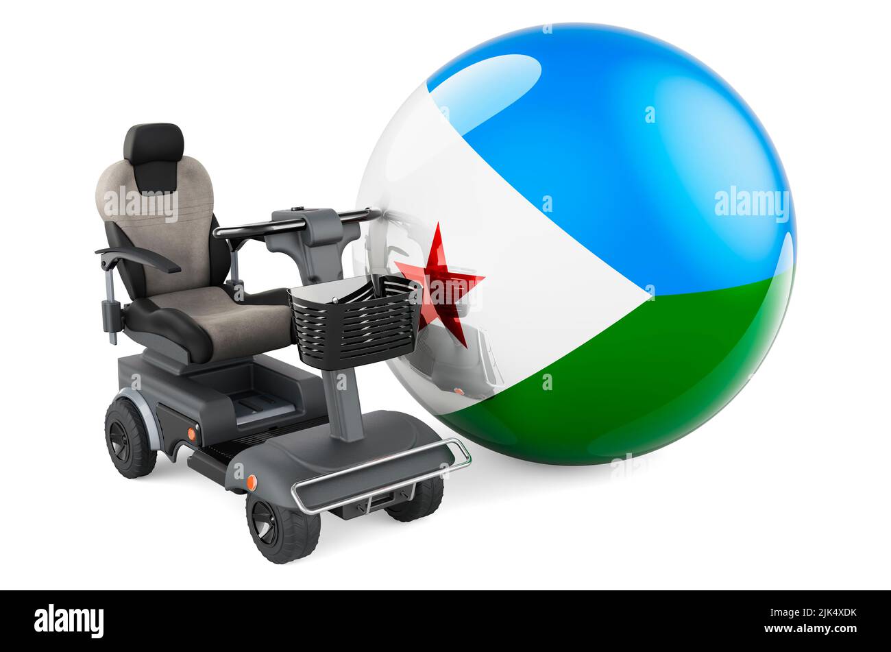 Drapeau djiboutien avec chaise électrique intérieure ou fauteuil roulant électrique, 3D rendu isolé sur fond blanc Banque D'Images