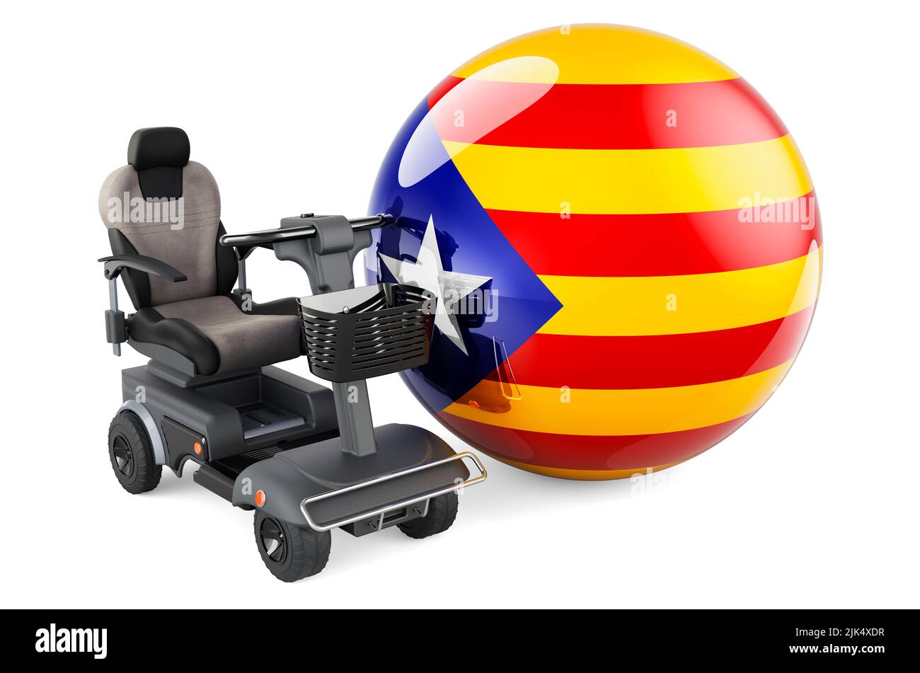 Drapeau catalan avec fauteuil électrique intérieur ou fauteuil roulant électrique, 3D rendu isolé sur fond blanc Banque D'Images