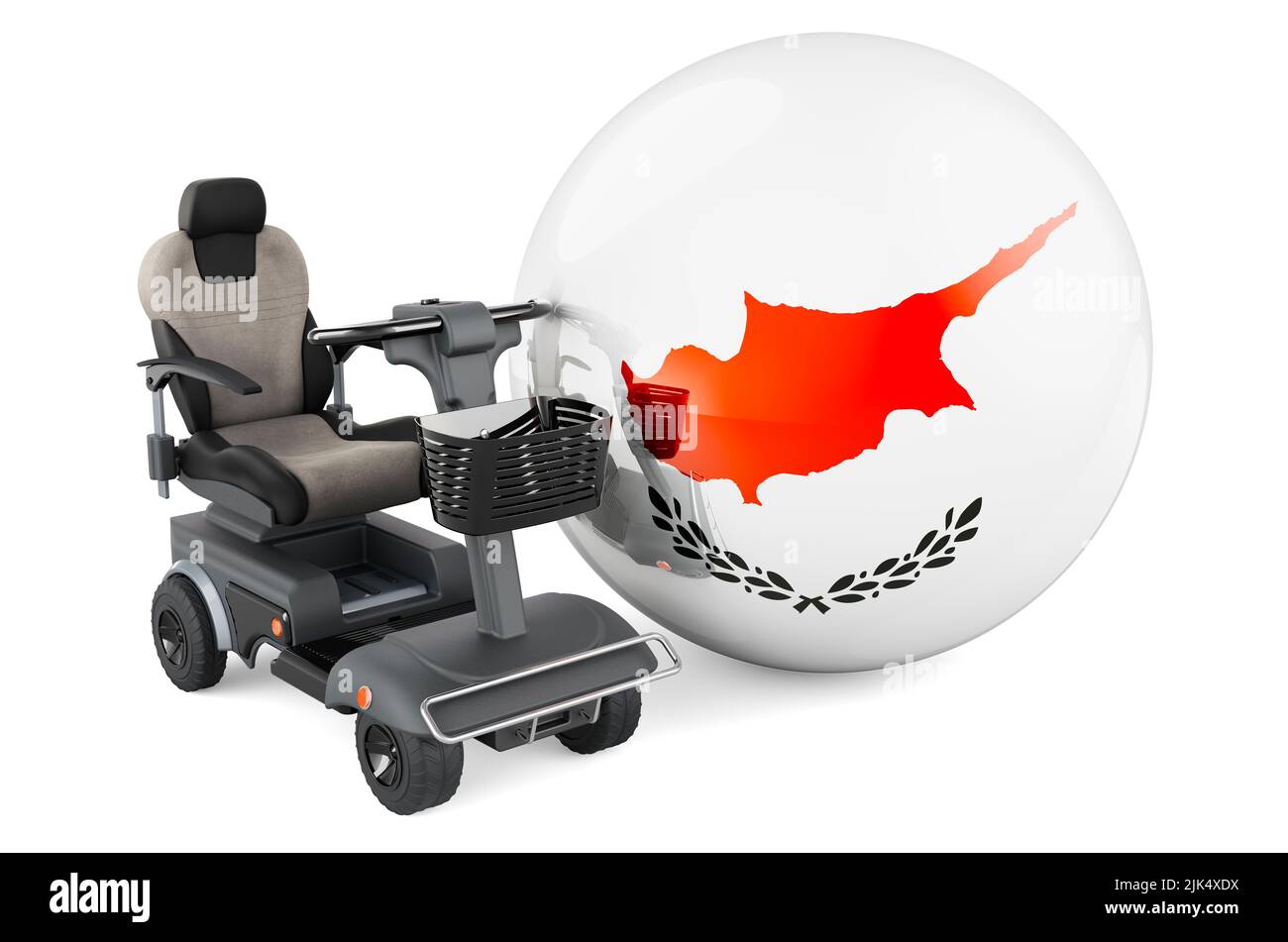 Drapeau chypriote avec chaise électrique intérieure ou fauteuil roulant électrique, 3D rendant isolé sur fond blanc Banque D'Images