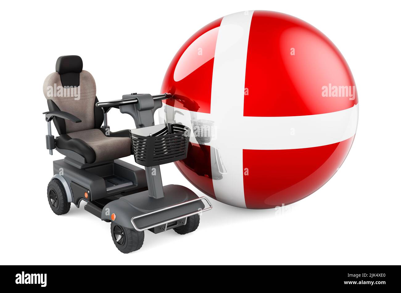 Drapeau danois avec chaise électrique intérieure ou fauteuil roulant électrique, 3D rendu isolé sur fond blanc Banque D'Images