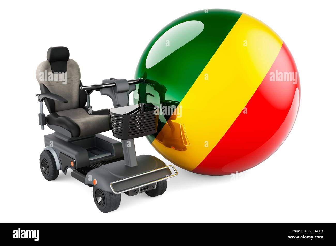 Drapeau congolais avec chaise électrique intérieure ou fauteuil roulant électrique, 3D rendu isolé sur fond blanc Banque D'Images