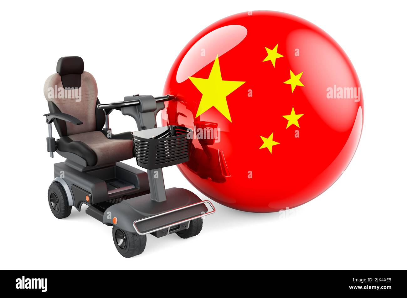 Drapeau chinois avec chaise électrique intérieure ou fauteuil roulant électrique, 3D rendu isolé sur fond blanc Banque D'Images