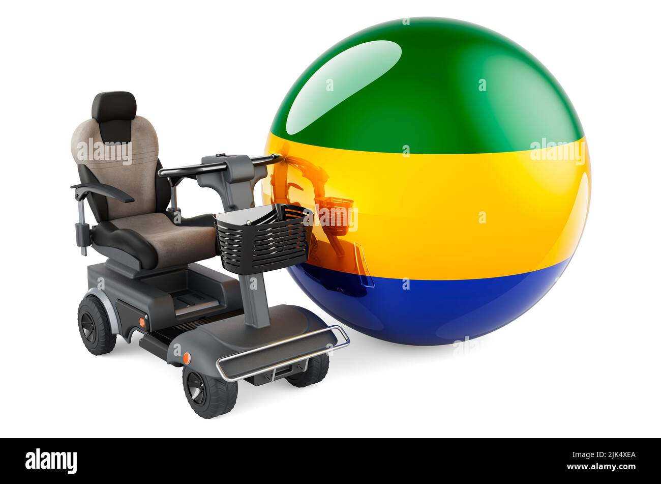 Drapeau gabonais avec chaise électrique intérieure ou fauteuil roulant électrique, 3D rendu isolé sur fond blanc Banque D'Images