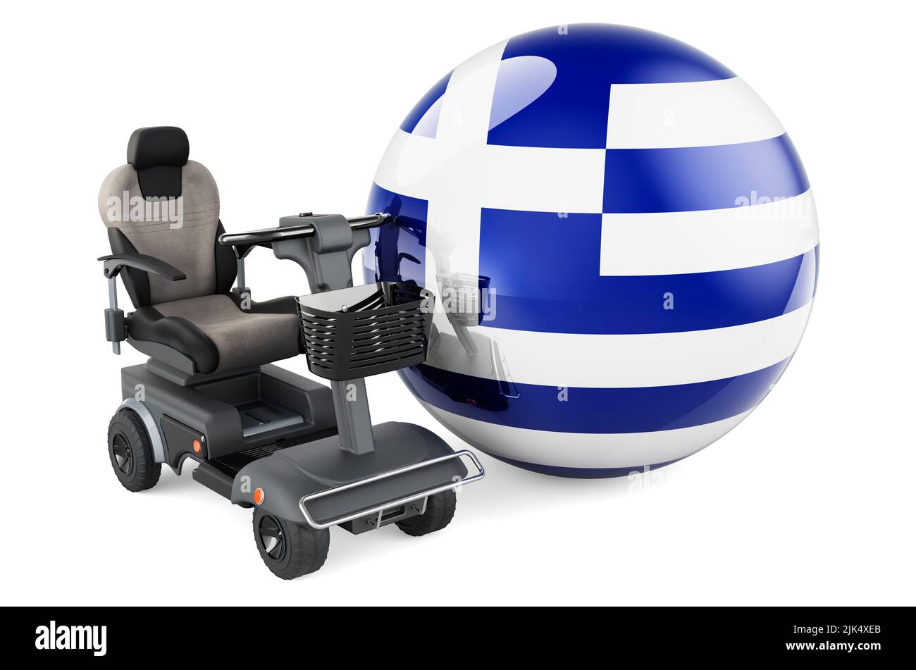 Drapeau grec avec chaise électrique intérieure ou fauteuil roulant électrique, 3D rendu isolé sur fond blanc Banque D'Images