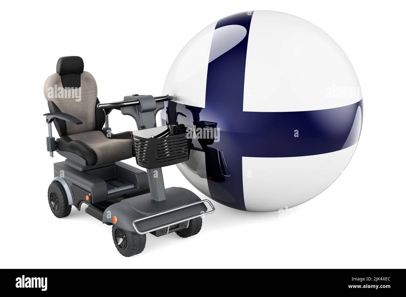 Drapeau finlandais avec chaise électrique intérieure ou fauteuil roulant électrique, 3D rendu isolé sur fond blanc Banque D'Images