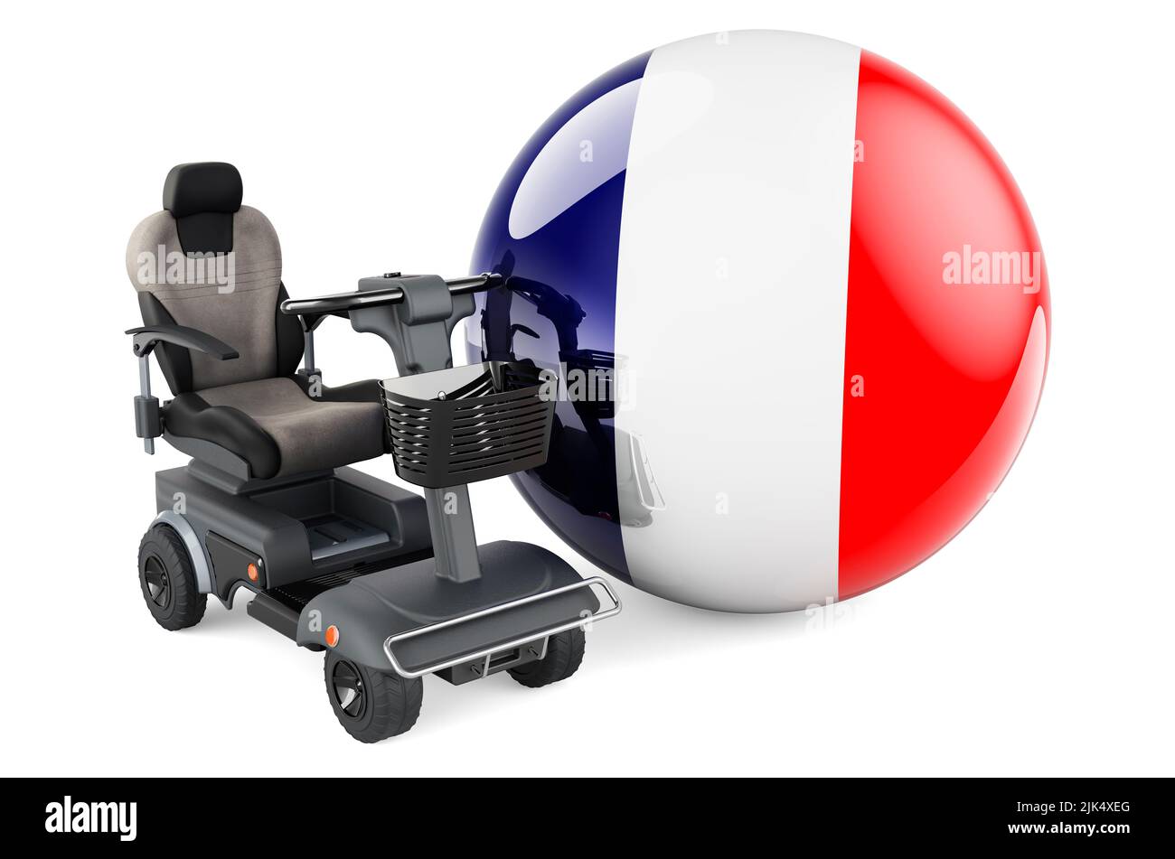 Drapeau français avec chaise électrique intérieure ou fauteuil roulant électrique, 3D rendu isolé sur fond blanc Banque D'Images