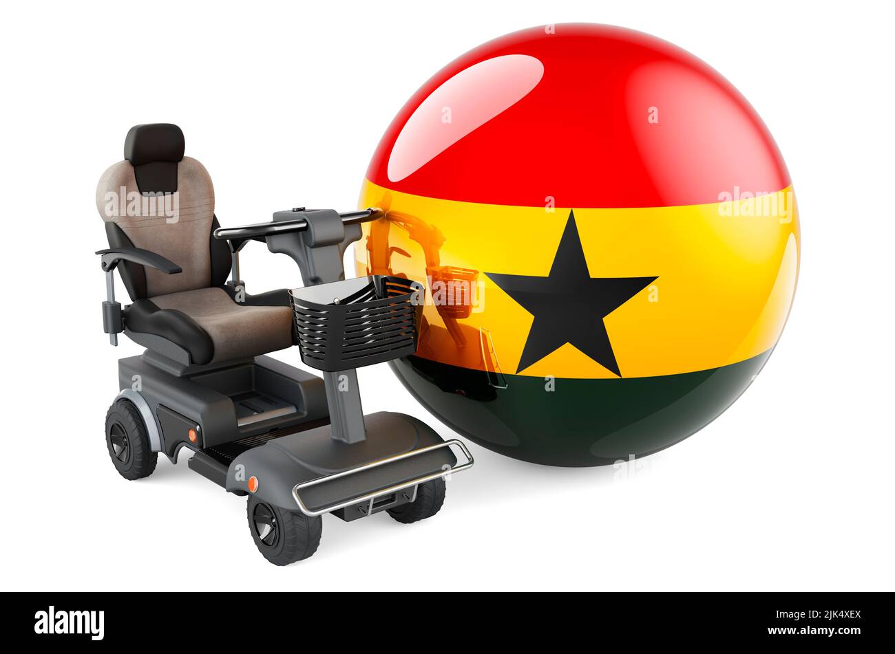 Drapeau ghanéen avec chaise électrique intérieure ou fauteuil roulant électrique, 3D rendu isolé sur fond blanc Banque D'Images