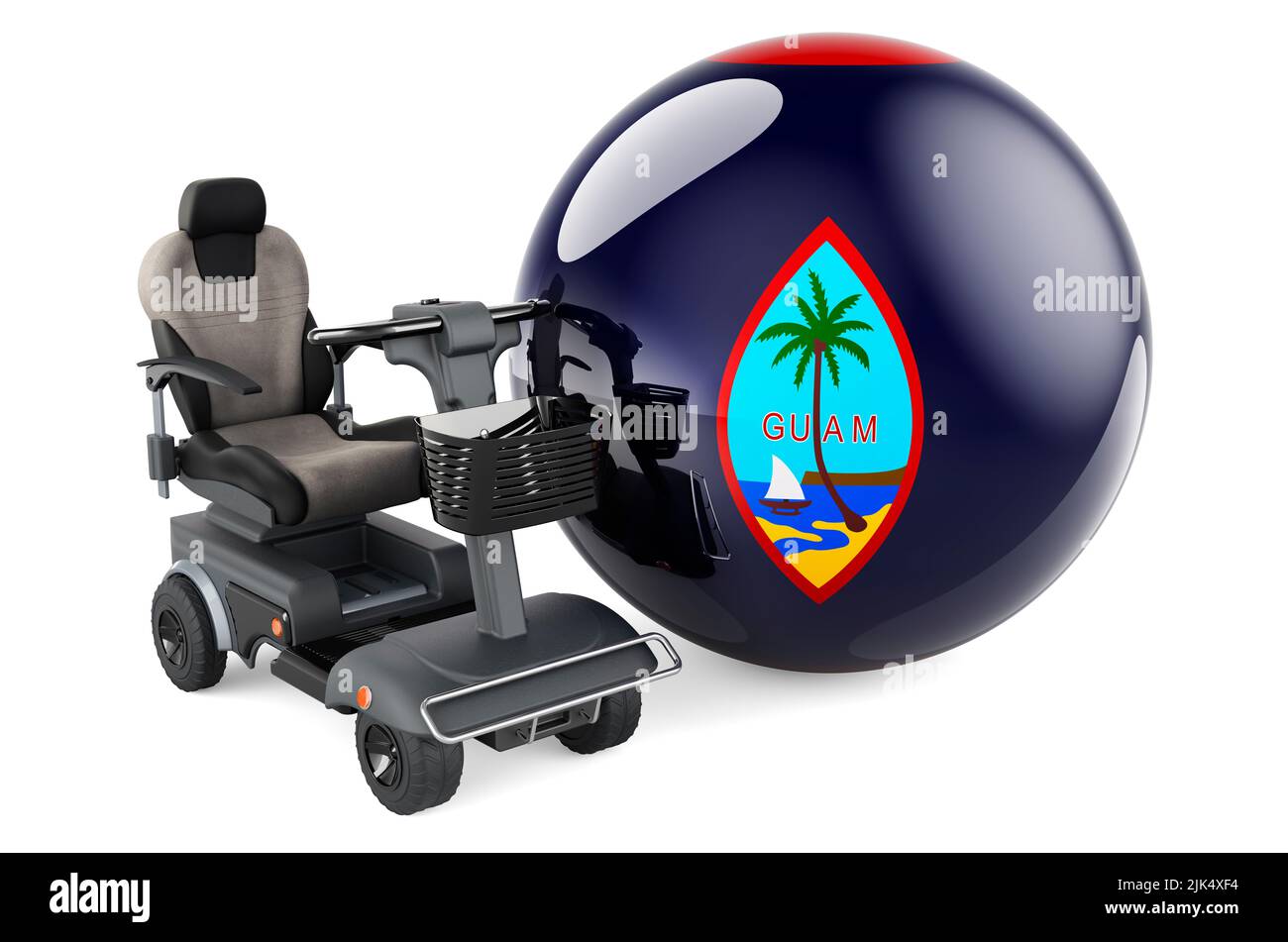 Drapeau guamanien avec chaise électrique intérieure ou fauteuil roulant électrique, 3D rendu isolé sur fond blanc Banque D'Images