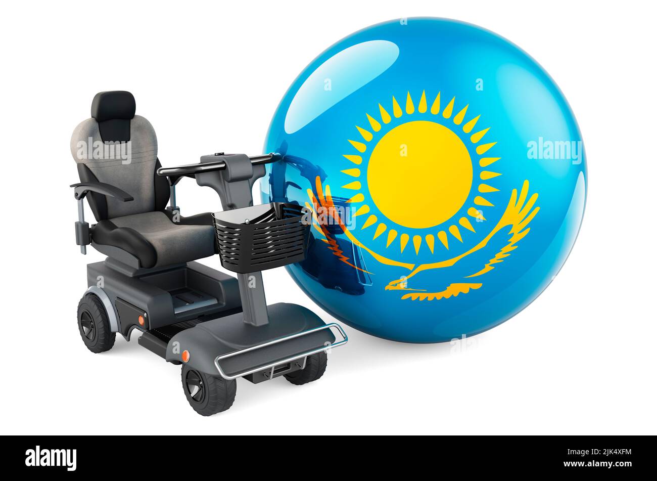 Drapeau kazakh avec chaise électrique intérieure ou fauteuil roulant électrique, 3D rendu isolé sur fond blanc Banque D'Images