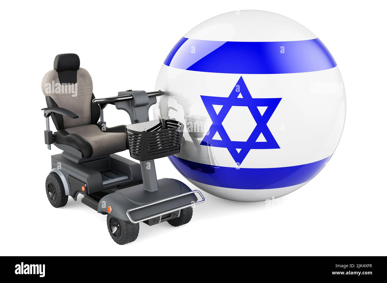 Drapeau israélien avec fauteuil électrique intérieur ou fauteuil roulant électrique, 3D rendu isolé sur fond blanc Banque D'Images