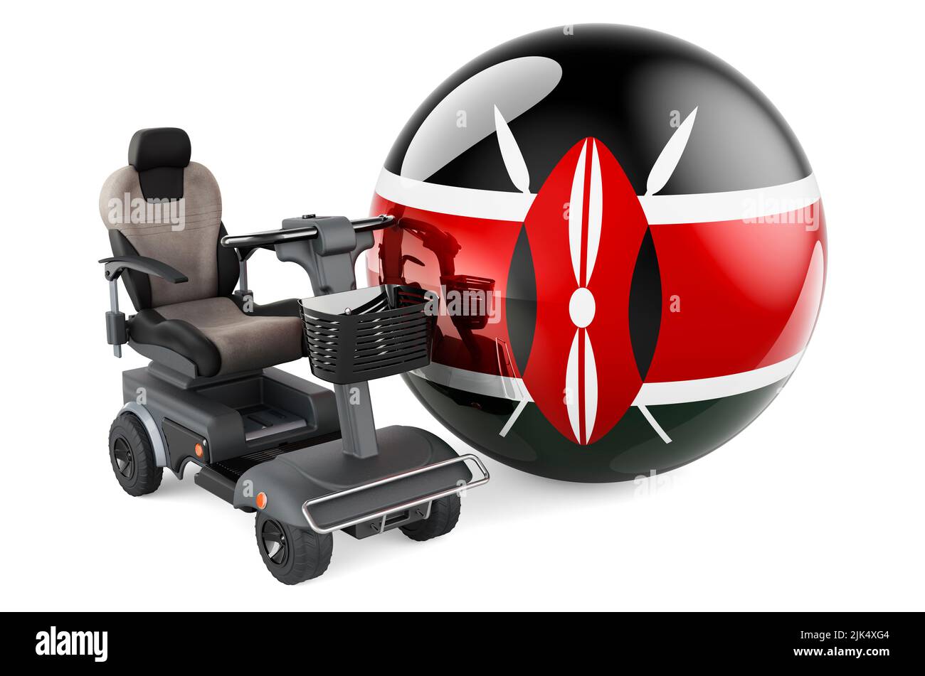 Drapeau kenyan avec chaise électrique intérieure ou fauteuil roulant électrique, 3D rendu isolé sur fond blanc Banque D'Images