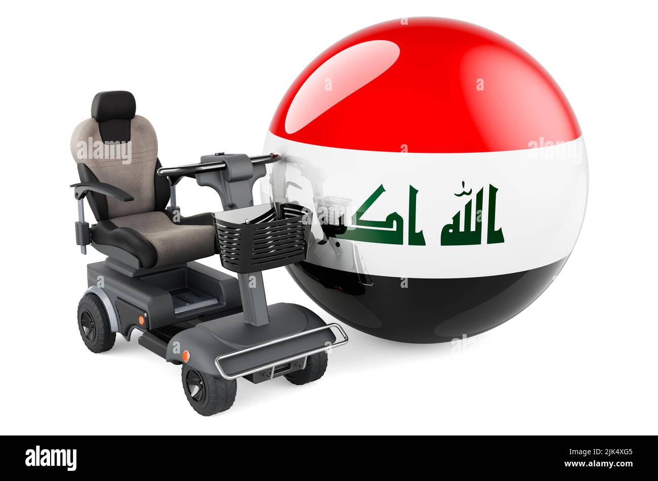 Drapeau iraquien avec chaise électrique intérieure ou fauteuil roulant électrique, 3D rendu isolé sur fond blanc Banque D'Images