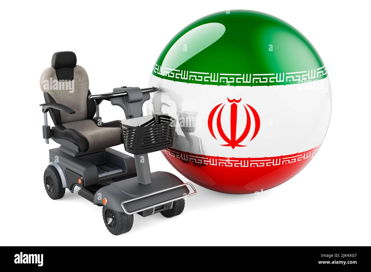 Drapeau iranien avec fauteuil électrique intérieur ou fauteuil roulant électrique, 3D rendu isolé sur fond blanc Banque D'Images