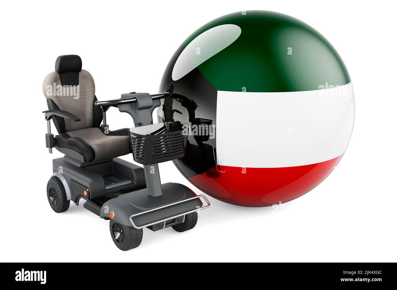 Drapeau koweïtien avec chaise électrique intérieure ou fauteuil roulant électrique, 3D rendu isolé sur fond blanc Banque D'Images