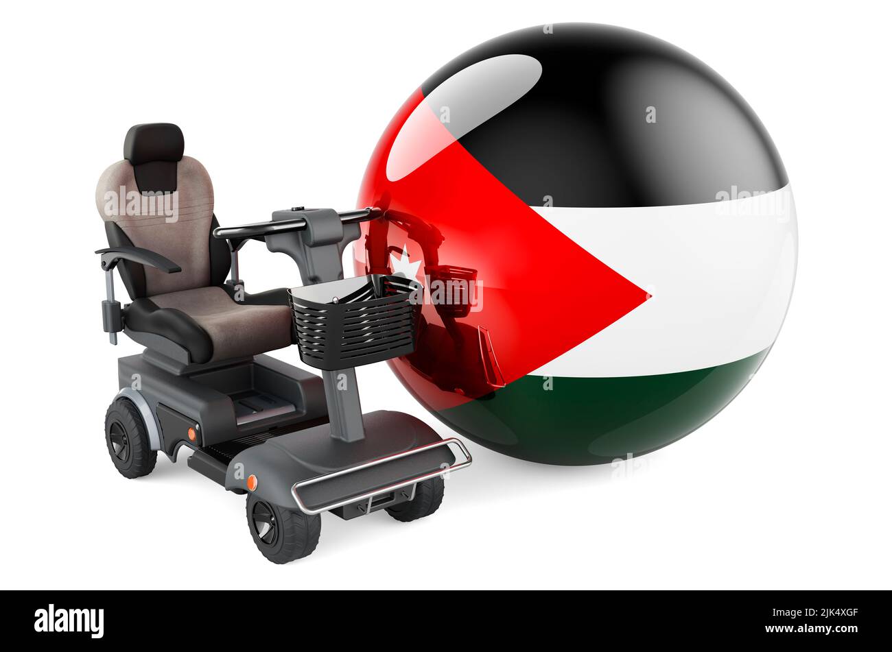 Drapeau jordanien avec chaise électrique intérieure ou fauteuil roulant électrique, 3D rendu isolé sur fond blanc Banque D'Images