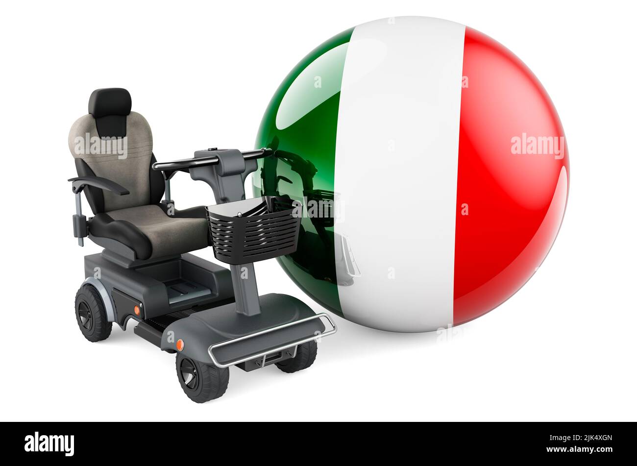 Drapeau italien avec chaise électrique intérieure ou fauteuil roulant électrique, 3D rendu isolé sur fond blanc Banque D'Images